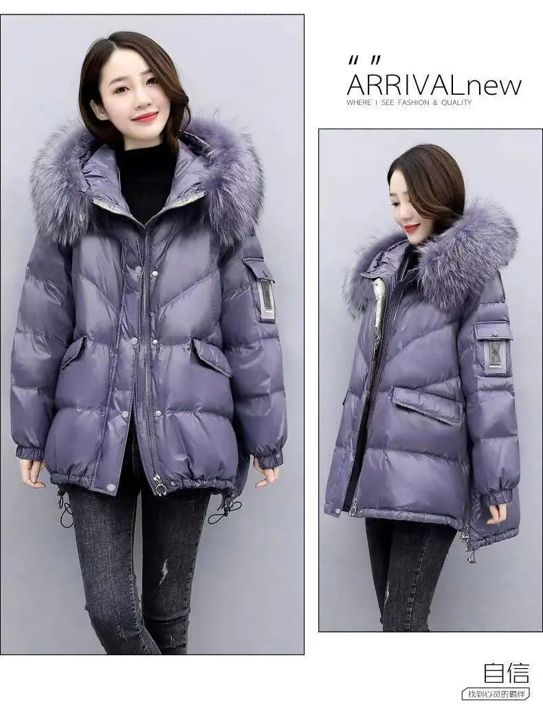 2024 Winter New Warm Down Cotton Jacket With Large Fur collar Hooded Coat Loose Women Thicken Parker Puffer Overcoat Casual wear