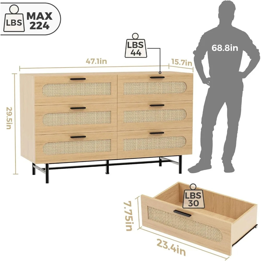 Wooden Dresser for Bedroom, Natural Rattan Dresser with Drawers 6 Drawer Chest of Drawers, Double Dressers Chest for Living Room