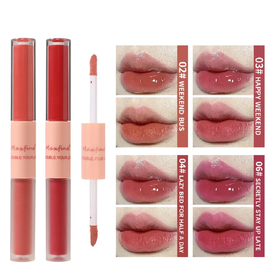 Double Headed Lip Gloss Waterproof Moisturizing Durable Mist Matte Velvet Mirror Lip Gloss Cosmetics