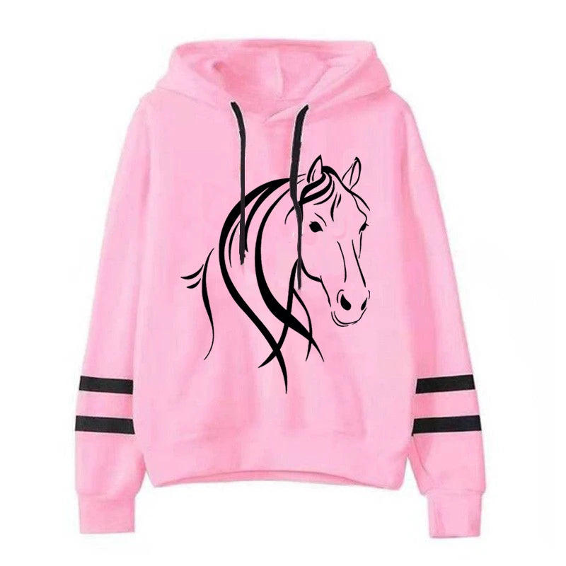 Long Sleeves Sweatshirt Pullover Cool Horse Graphic Casual Tracksuit Women’s Clothing Horse Hoodies High Street Fashion Sweater