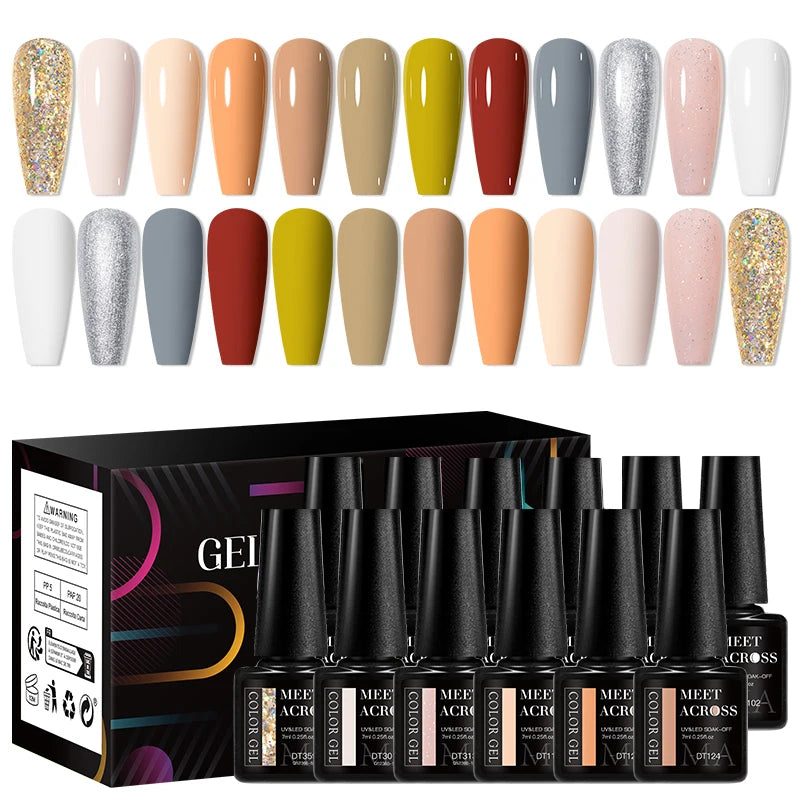 MEET ACROSS 12Pcs/Set 7ml Macaron Gel Nail Polish With Box Semi Permanent UV Gel  Soak Off Nail Art Kit Varnish For Manicure