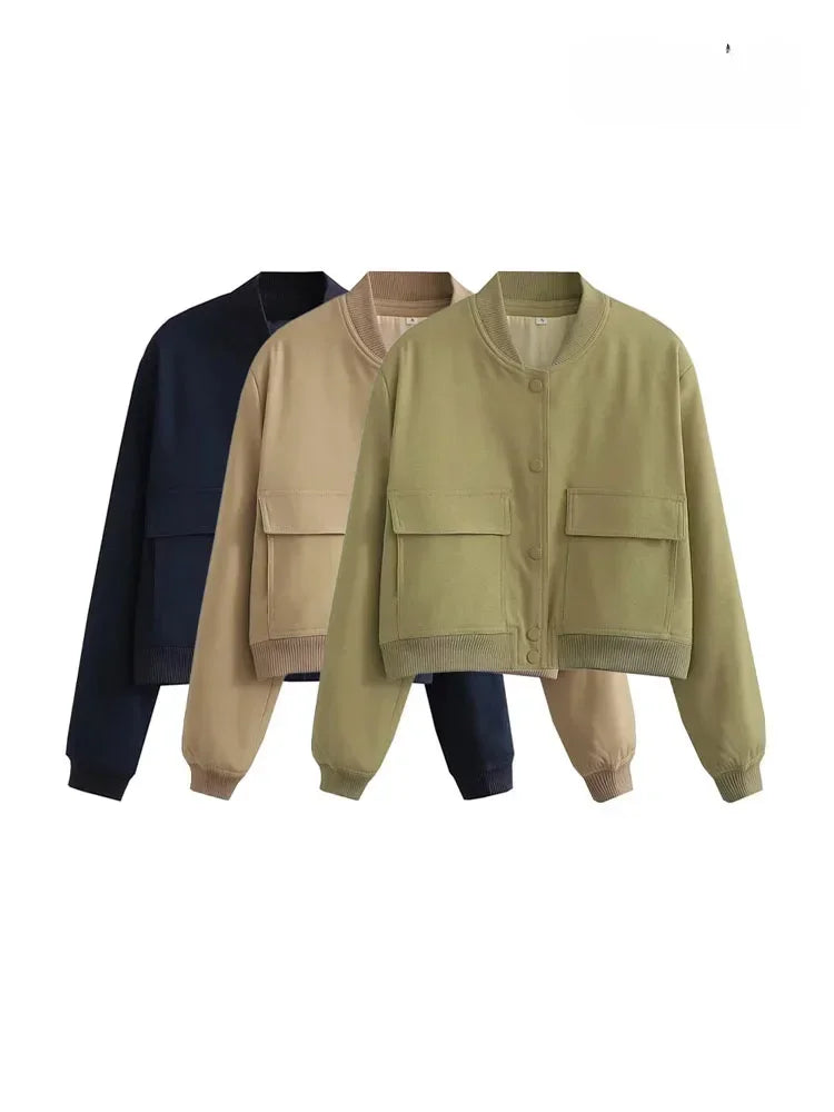 ASDS Women Fashion With Pockets Bomber Jacket Coats Vintage Long Sleeve Front Button Casual Female Outerwear Chic Tops