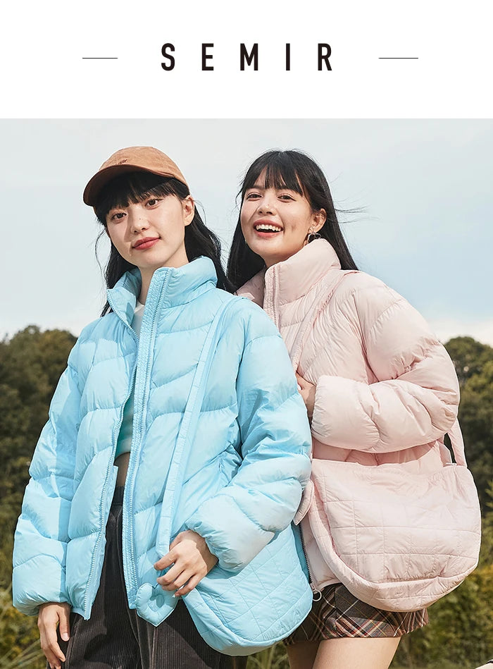 Semir Down Jacket Women Solid Color Design Sense 2022 Winter New Three-Proof Loose Stand-Up Collar Coat Ladies All-Match