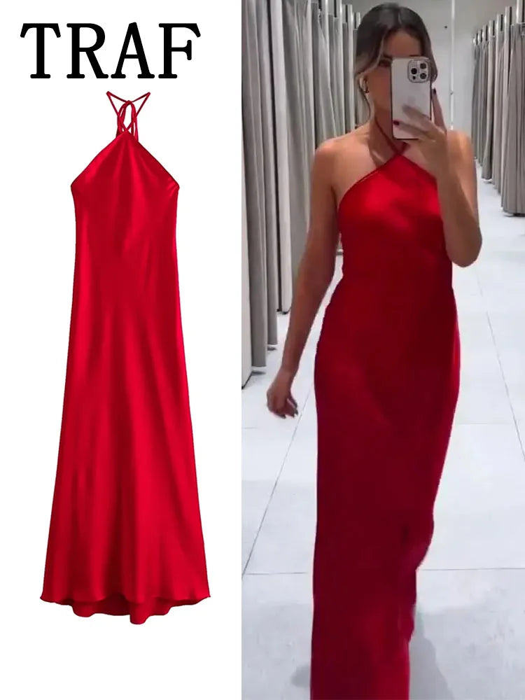 TRAF 2024 Halter Long Dresses for Women Backless Satin Dress Woman Off Shoulder Sexy Midi Dresses Elegant Evening Party Dress