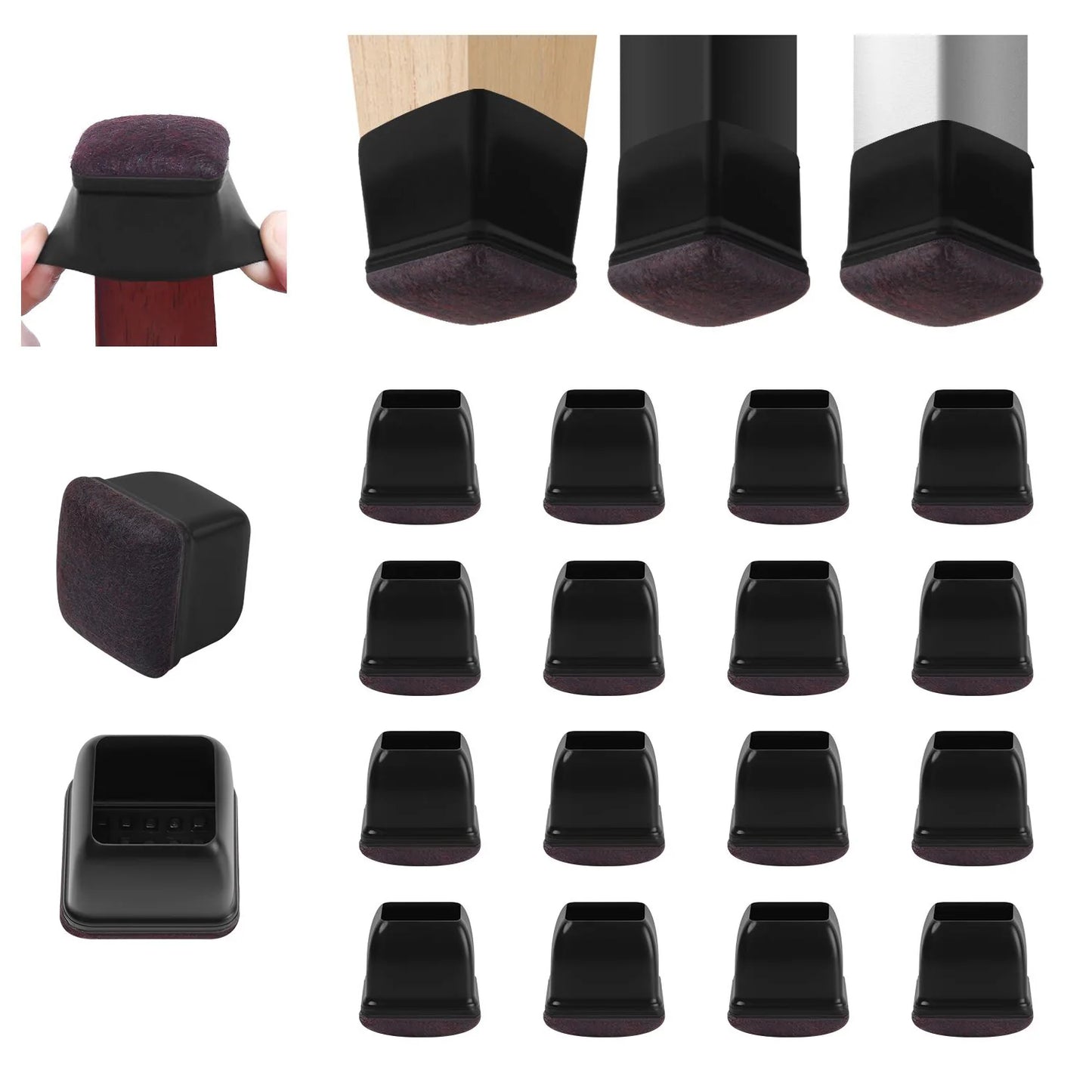 16PCS Transparent Table Chair Leg Protectors Caps Round Square for Furniture Foot Legs Cover Floor Protector with Felt Bottom