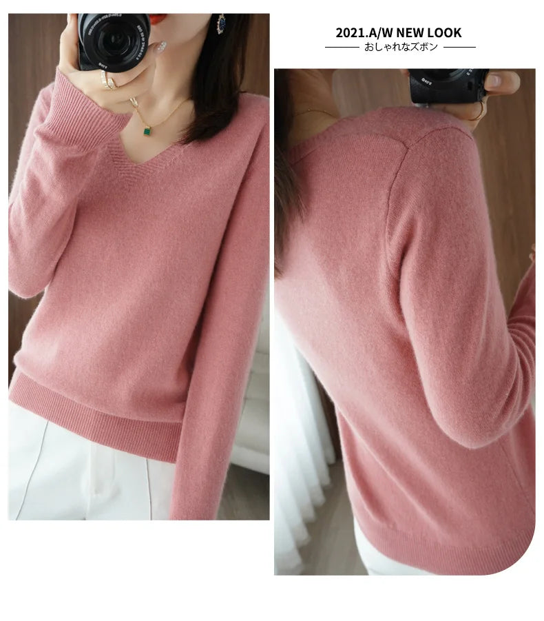 New Cashmere Women's V-neck Pullover Lace Neck Hollow Out Design Casual Knitted Long Sleeve Women's Sweater Autumn And Winter