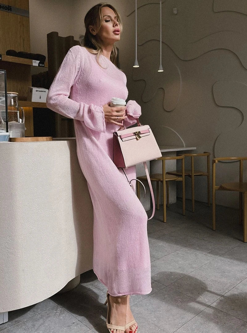 Hirsionsan Spring Autumn O-Neck Elastic Knit Long Dresses Women 2024 Elegant Chic Soft Lady Hollowing Sweater Dresses Femme New