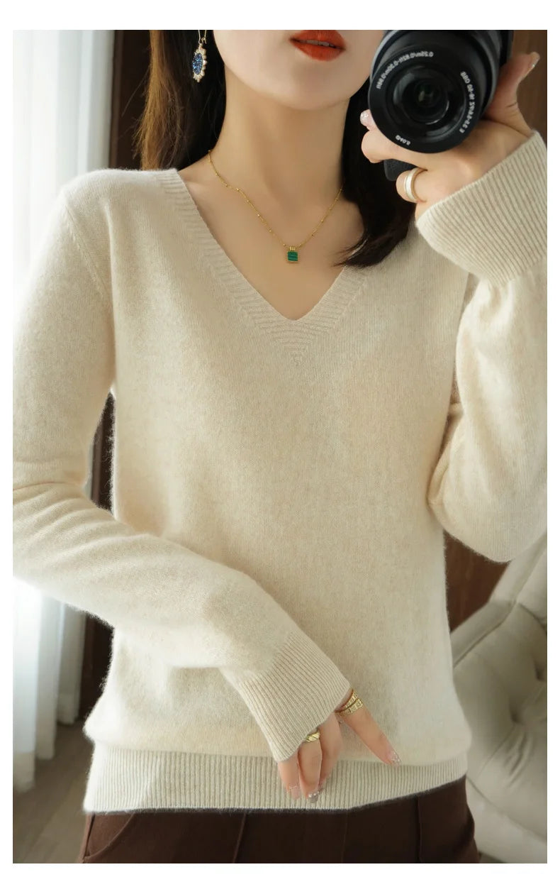 New Cashmere Women's V-neck Pullover Lace Neck Hollow Out Design Casual Knitted Long Sleeve Women's Sweater Autumn And Winter