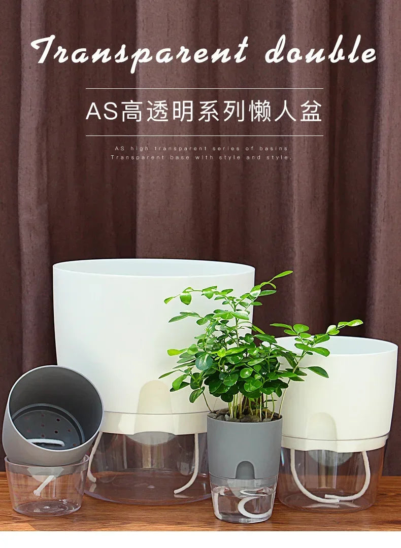 Transparent Double Layer Plastic Flower Pot Self Watering Flowerpot Cotton Rope Watering Small Plant Pot with Injection Port