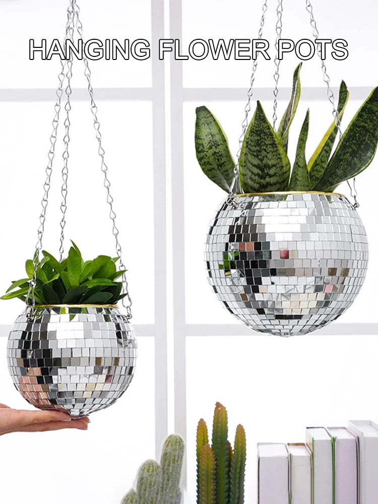 1PC Disco Ball Creative Round Flowerpot Hanging Basket Plastic Glass Mirror Plant Planting Pot Succulent Slivery