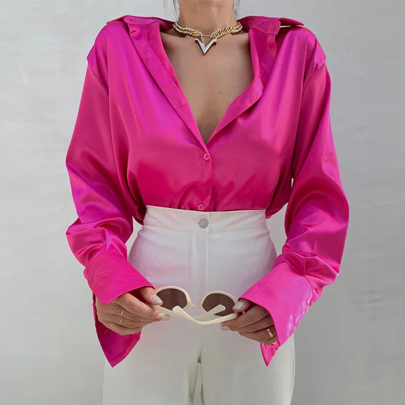 Elegant Satin Long Sleeve Women Shirt Vintage Silk Casual Loose Button Up Blouses Office Lady Tops