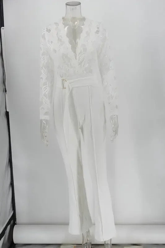 New In Jumpsuit Women White Overalls Party Lace Rompers Bodysuit One Piece Long Sleeve V-neck Long Pants Y2k Elegant Spring Work