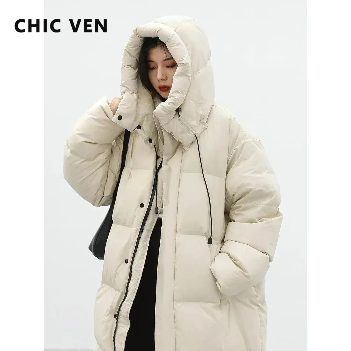 CHIC VEN Women's Down Coats Korean Loose Hooded Thick Warm Long Down Jacket Winter Coat for Women Female Parkas Outerwears 2024