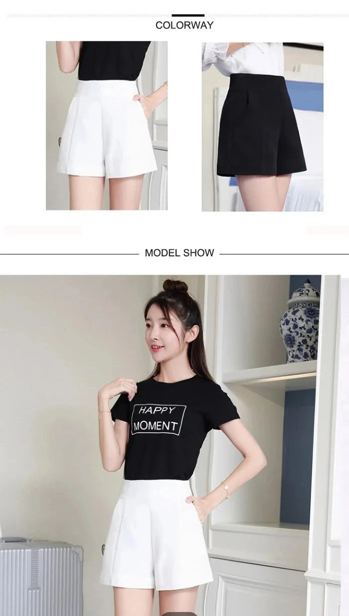 Women Shorts Spring Summer Casual High Waist A-line Shorts Loose Wide Leg Chiffon Shorts Chic Lady Black White Suit Shorts