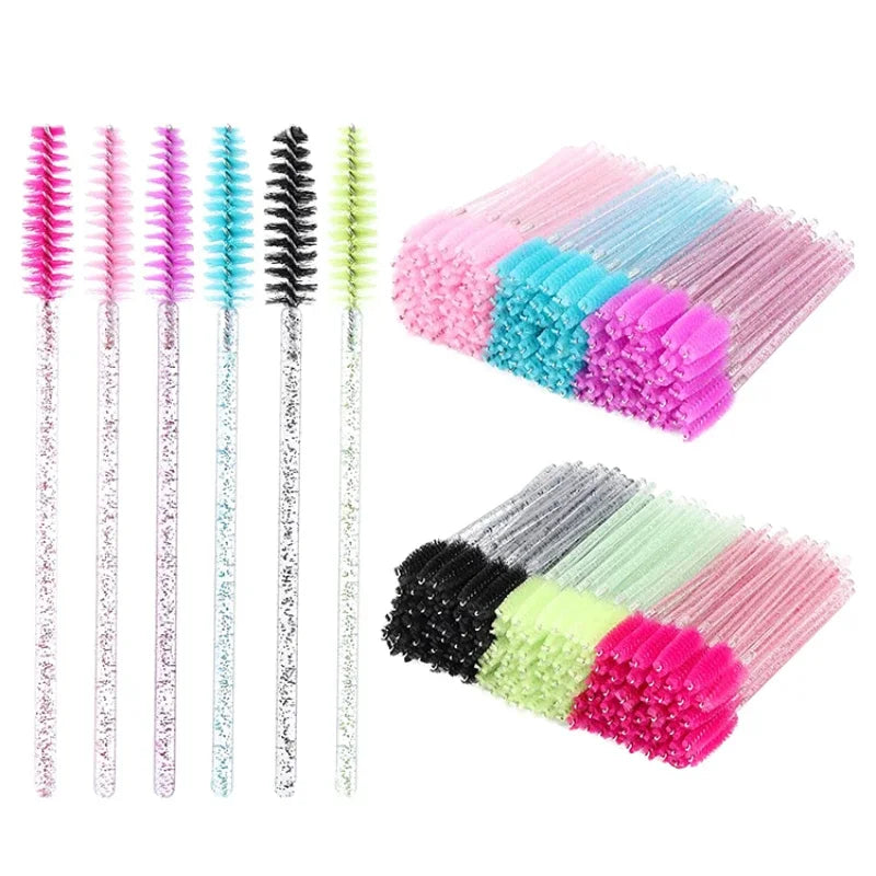 CNK 50Pcs Disposable Crystal Eyelash Brush Mascara Wands Applicator Diamond Rod Makeup Brushes for Women Eyelash Extension Tool