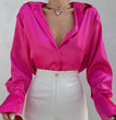 Elegant Satin Long Sleeve Women Shirt Vintage Silk Casual Loose Button Up Blouses Office Lady Tops