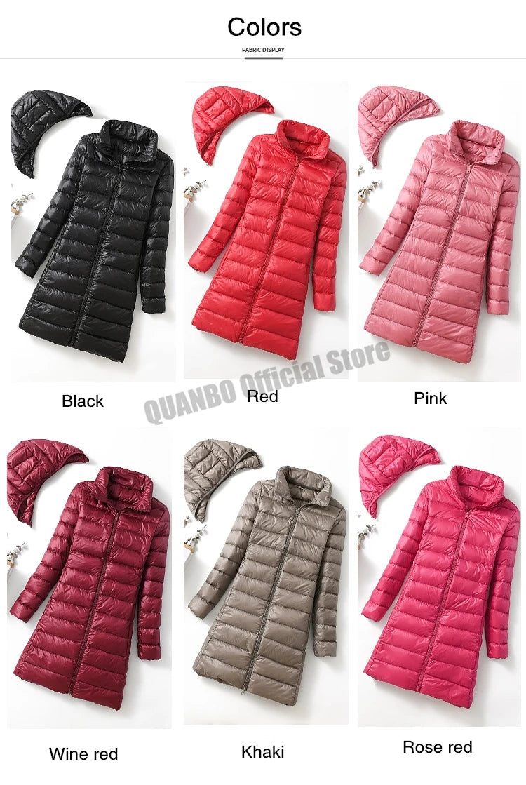 2025 Women Spring Jacket Ultralight Thin Packable Down Long Jacket  Female Hat Detachable Slim Fit Skirt Coat Portable Outwear