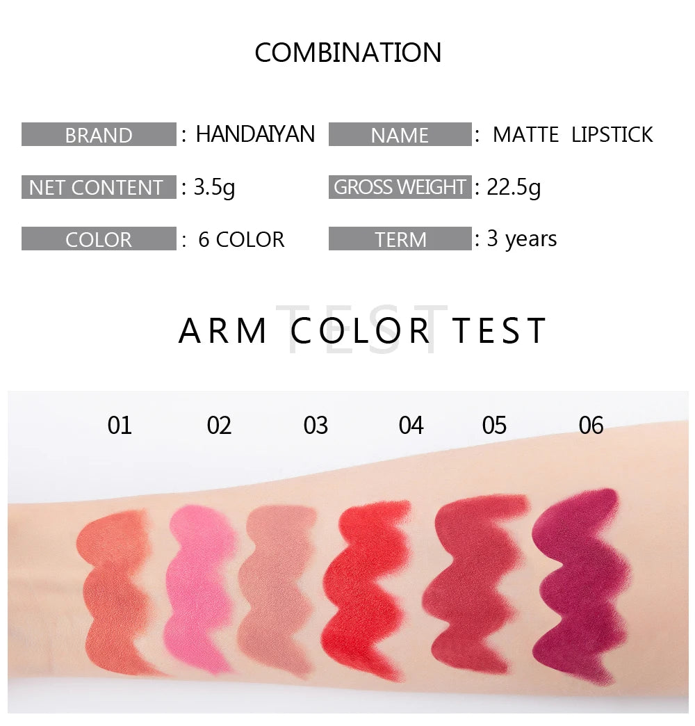 HANDAIYAN 6 Shades Matte Matte Lipstick Velvet Easy Tinting Long-Wear Makeup Lip Makeup