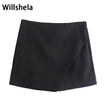 Willshela Women Fashion Asymmetrical Shorts Skirts High Waist Back Pockets Side Zipper Vintage Female Skort Solid