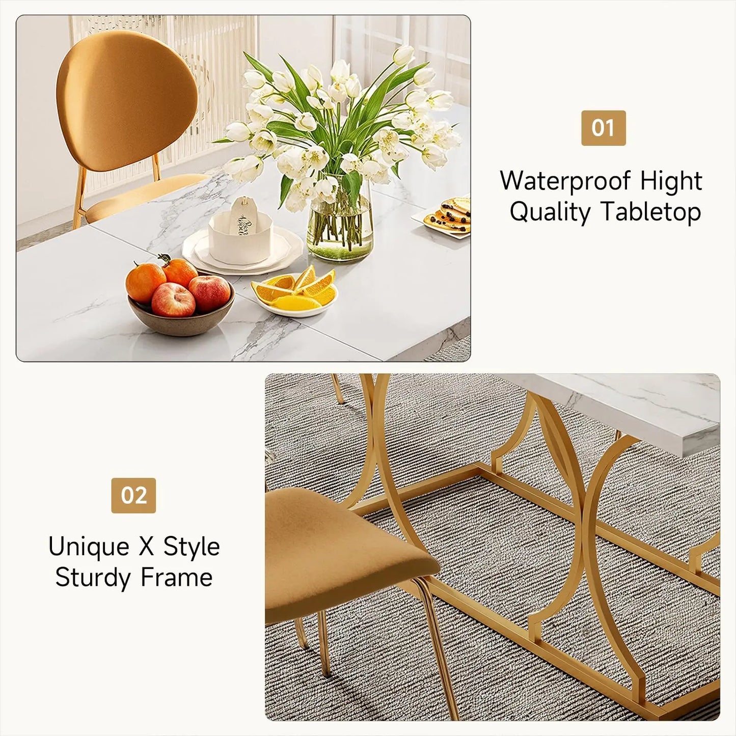 Round Dining Table 47.24 Inch Kitchen Table for 4 People Wooden Marble Pattern Dinner Room Table with Gold Base for Home office