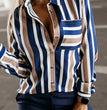 Plus Size Casual Blouse, Women's Plus Stripe Print Long Sleeve Button Up Lapel Collar Shirt Top