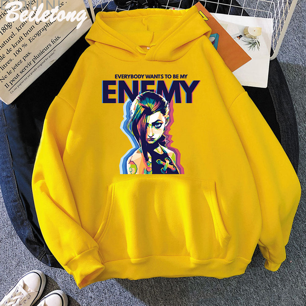 Jinx Arcane Hoodie ENEMY Cool Graphic Print Sweatshirt Women Tracksuit Sudaderas Aesthetic Clothes Streetwear Manga Casual Male