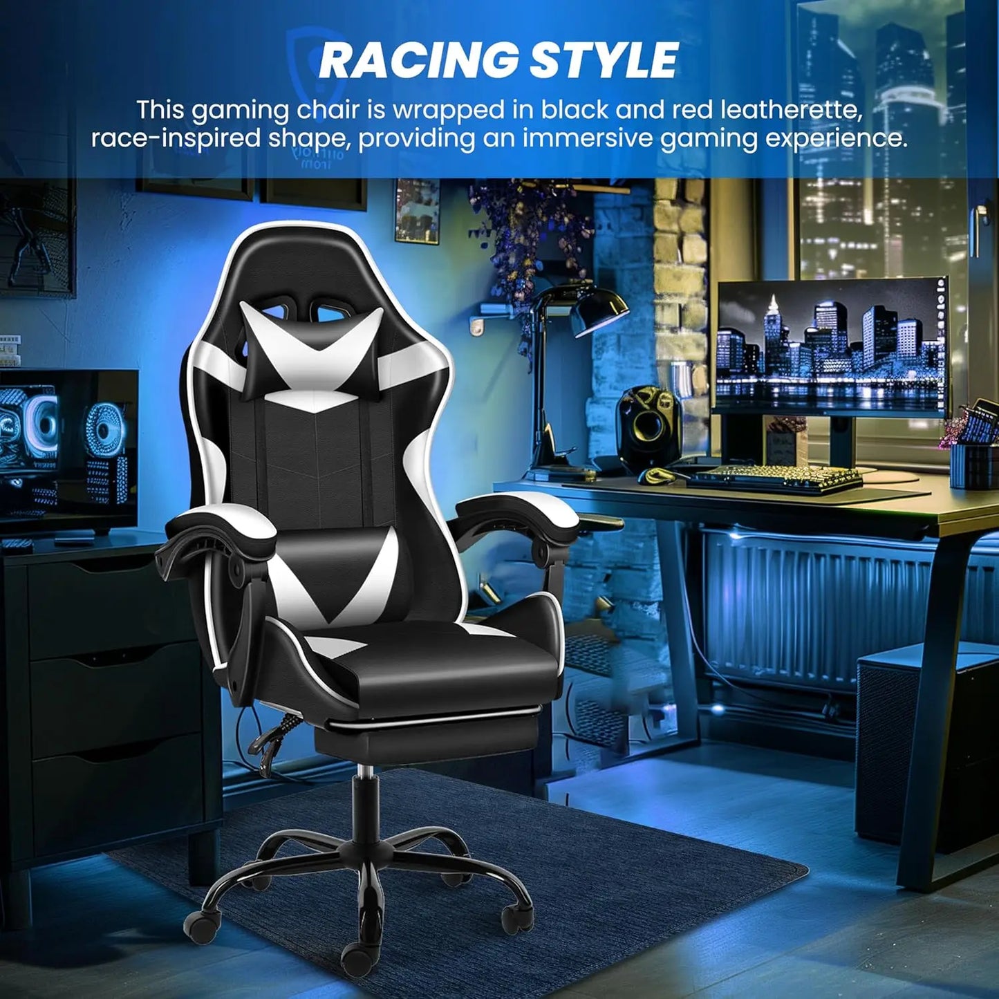 Gaming Chair, Backrest and Seat Height Adjustable Swivel Recliner Racing Office Computer Ergonomic Video Game Chair