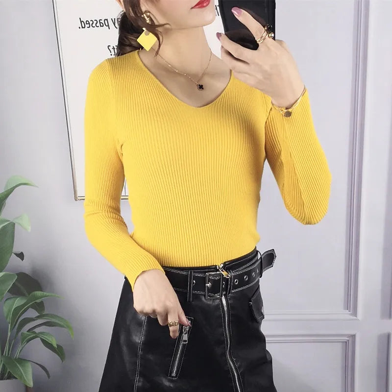 2024 Autumn Winter Women Solid Rib Knit V Neck Stripe Pull Sweater Femme Y2k Long Sleeve Pullover Jersey Tops Fashion Clothes