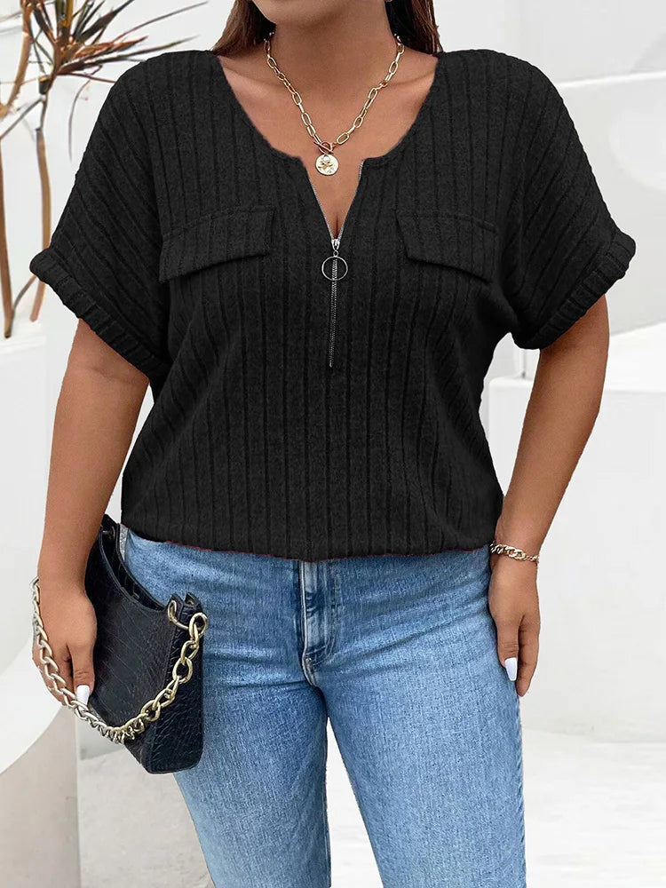 GIBSIE Plus Size Solid O-Ring Zip Front T Shirt for Women Summer 2024 O-Neck Short Sleeve Rib Knit Casual Tees Tops Female