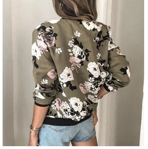 Women Elegant Zipper Bomber Jacket Spring Autumn Floral Printed Jackets Office Wear Slim Office Coat Retro Outwear