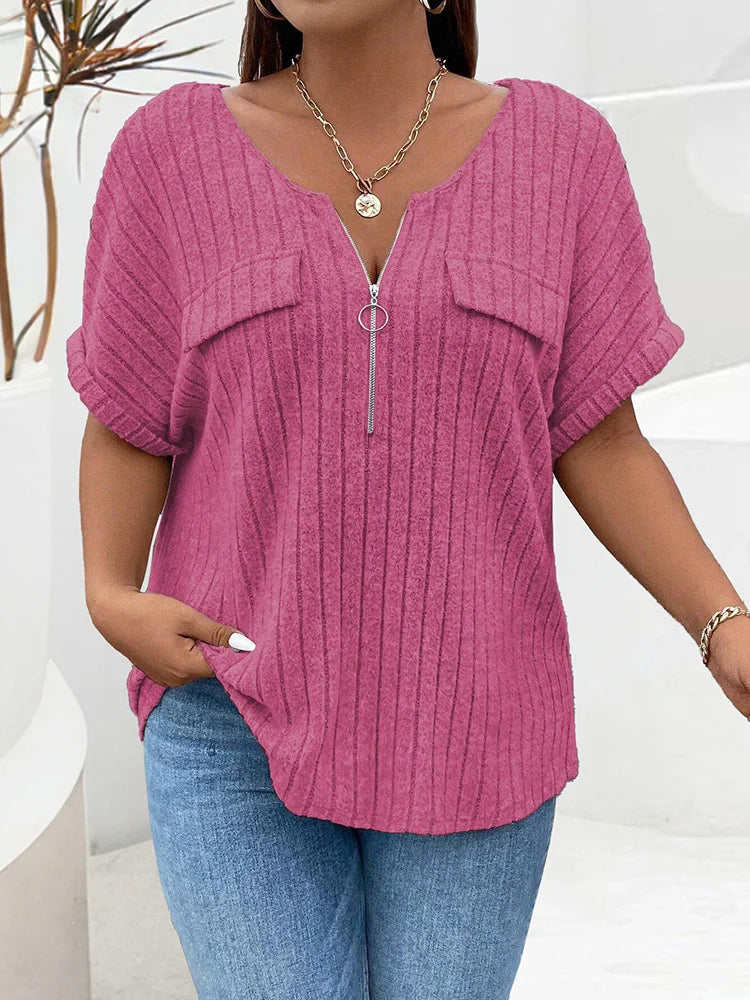 GIBSIE Plus Size Solid O-Ring Zip Front T Shirt for Women Summer 2024 O-Neck Short Sleeve Rib Knit Casual Tees Tops Female