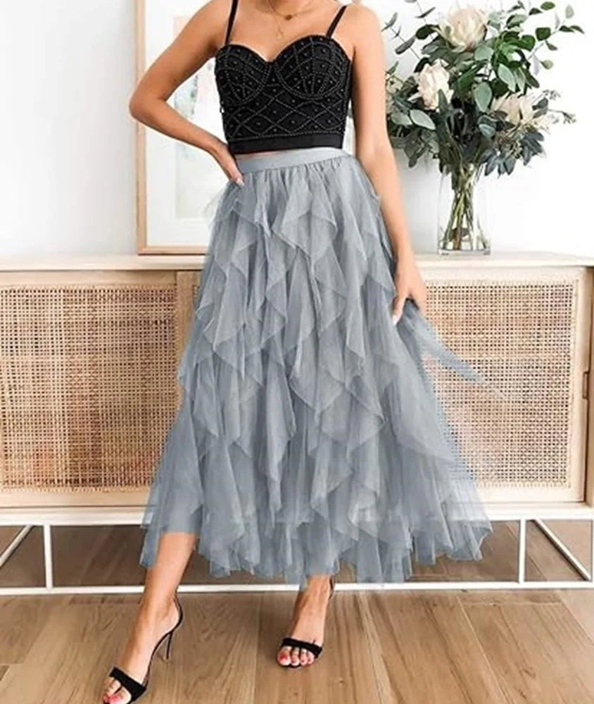 Tulle Skirts for Women Long Length Tutu Fairy Tiered Skirt A Line Mesh Elastic Waist Skirts Big Hem Black Gray Pink Beige Skirts