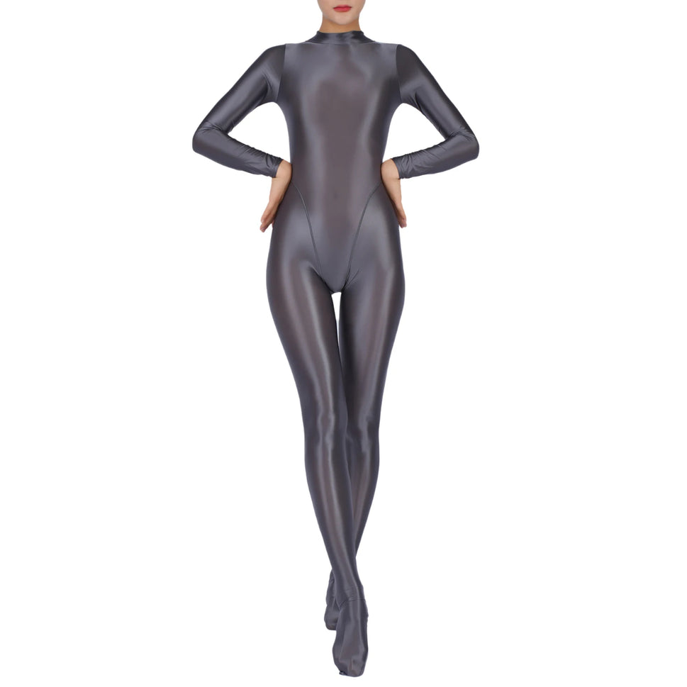 Womens Full Body Jumpsuit Sports Gym Yoga Tights Bodysuit Mock Neck Long Sleeve Footed One Piece Jumpsuit Clubwear Sportwear