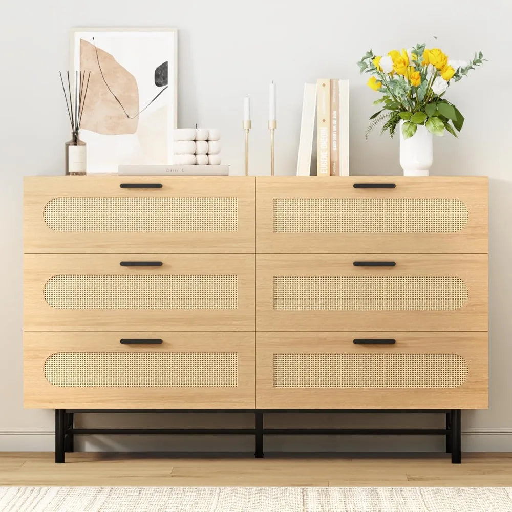 Wooden Dresser for Bedroom, Natural Rattan Dresser with Drawers 6 Drawer Chest of Drawers, Double Dressers Chest for Living Room