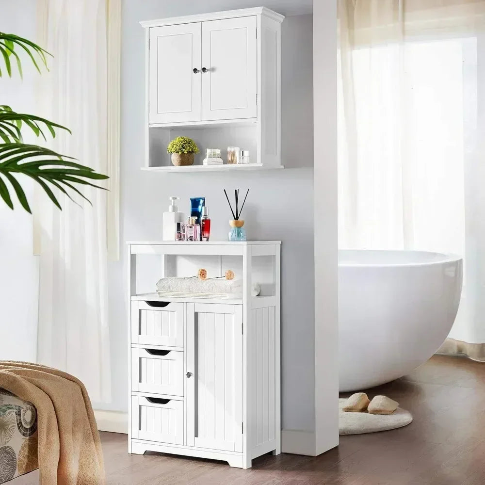 Bathroom Floor Cabinet Wooden Storage Organizer with Door and Drawers, Free-Standing Cupboard for Room/Bathroom Use