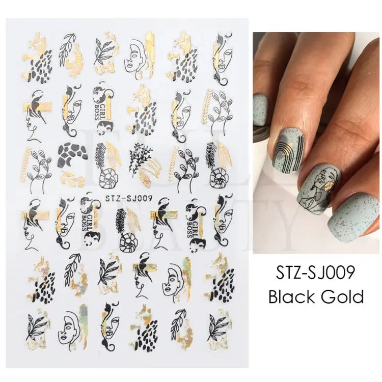 Abstract Geometry Stickers For Nail 3D Laser Gold Black Leaves Heart Line Adhesive Sliders Decor Holographic Decal