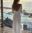 Sexy Women White Long Knit Sleeve Bikin Fashion Cover up Female See-Through Deep V-Neck Hollow-Out Beach Knitwear Backless Dress