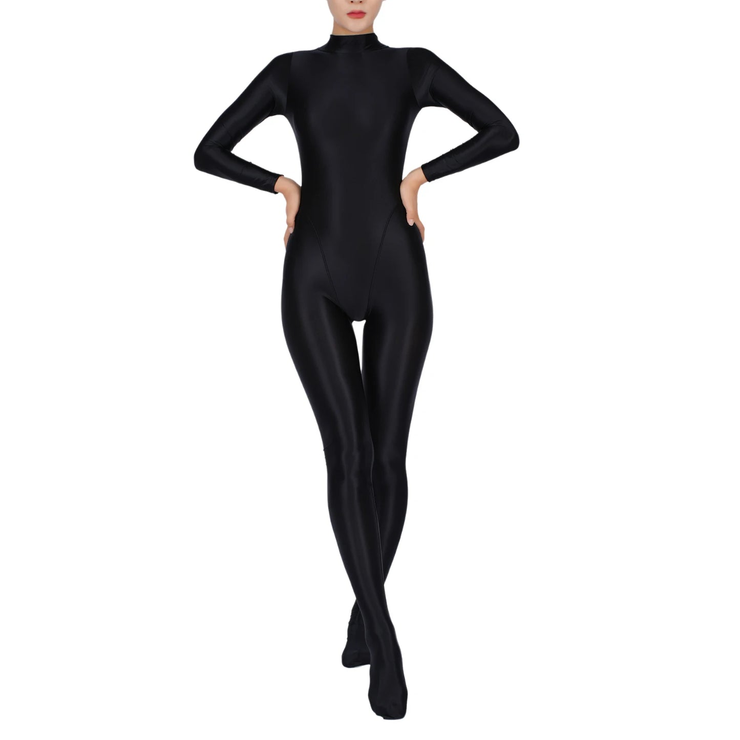 Womens Full Body Jumpsuit Sports Gym Yoga Tights Bodysuit Mock Neck Long Sleeve Footed One Piece Jumpsuit Clubwear Sportwear