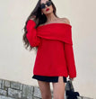 TRAFZA Women Fashion Solid Sweaters Casual Long Sleeve Folding Slim Fit Pullover Autumn Women's Sexy One Shoulder Knitted Tops