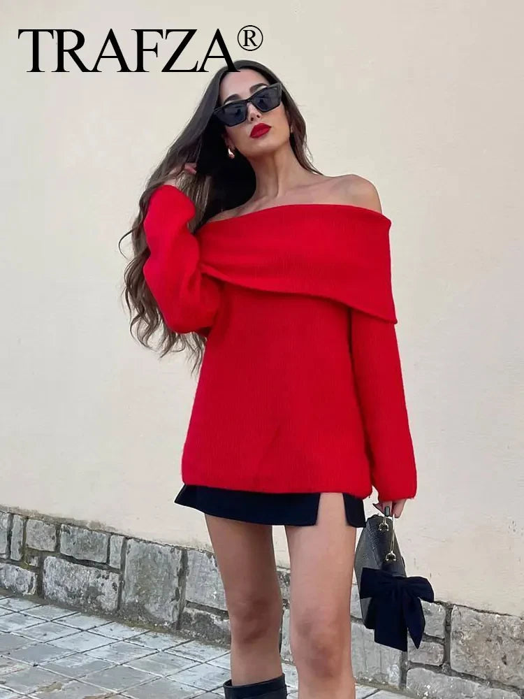 TRAFZA Women Fashion Solid Sweaters Casual Long Sleeve Folding Slim Fit Pullover Autumn Women's Sexy One Shoulder Knitted Tops