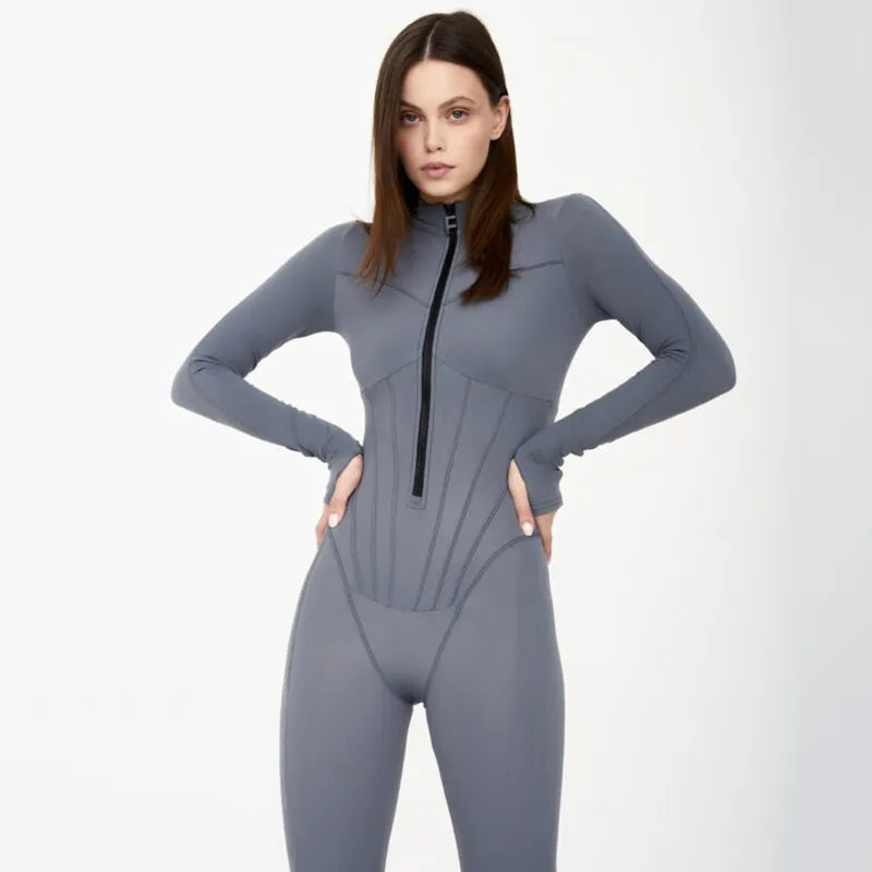 Sexy Elegant Women Zip-up O-neck Long Sleeve Jumpsuit Streetwear 2024 Autumn Female Overalls One Piece Fitness Sports Bodysuits