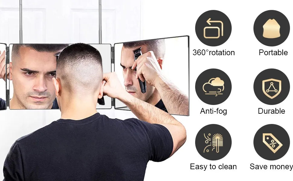 Black Portable 360 Trifold Mirror with Height Adjustable Telescoping Hooks Ideal for Self Hair Cutting Makeup Essential Fordable