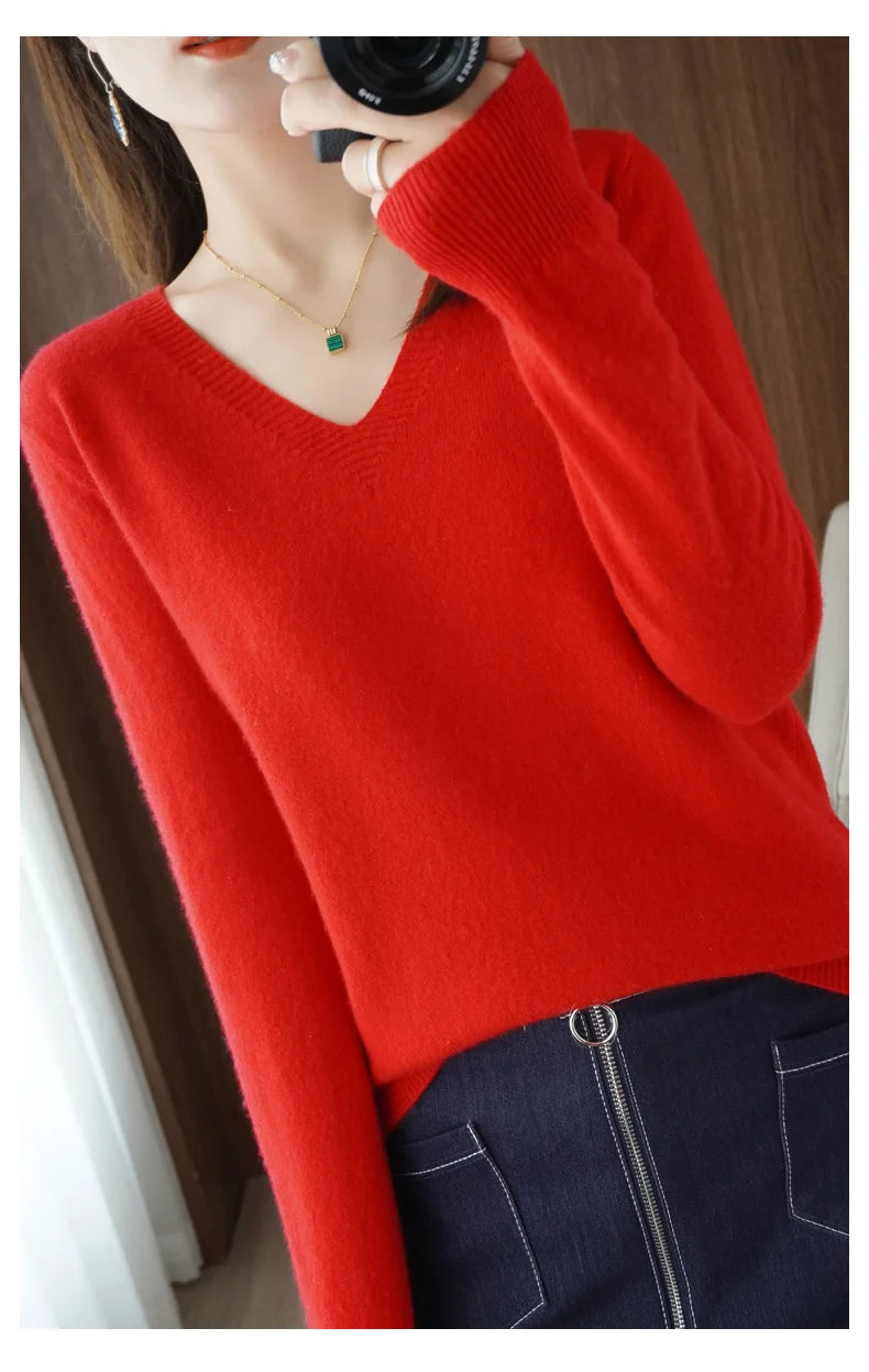 New Cashmere Women's V-neck Pullover Lace Neck Hollow Out Design Casual Knitted Long Sleeve Women's Sweater Autumn And Winter