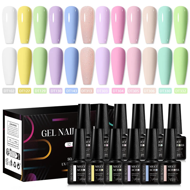 MEET ACROSS 12Pcs/Set 7ml Macaron Gel Nail Polish With Box Semi Permanent UV Gel  Soak Off Nail Art Kit Varnish For Manicure