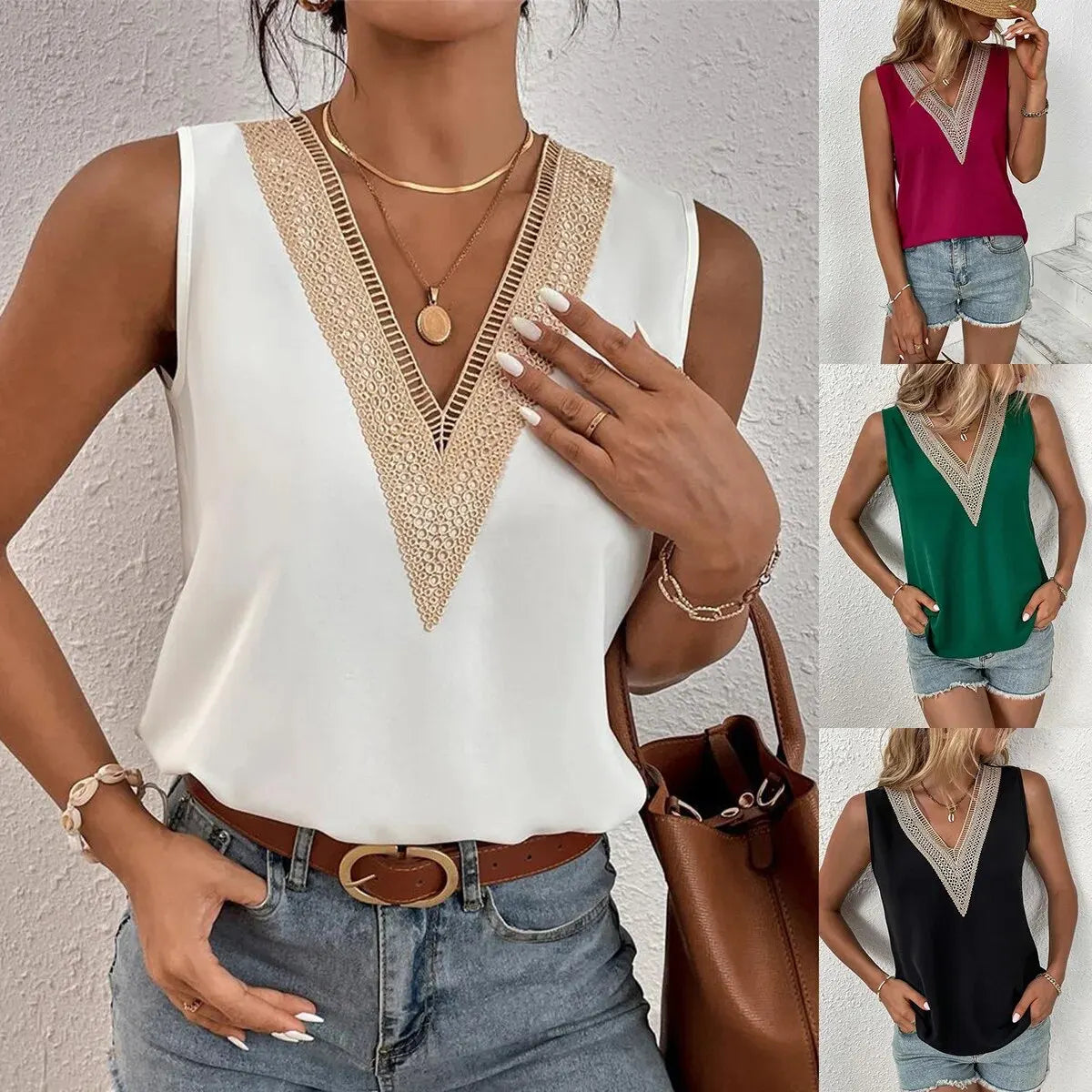 Sleeveless V-neck Lace Parchwork Blouse Women Loose Hollow Out Summer Tee Shirt Casual Streetwear Tsnk Top