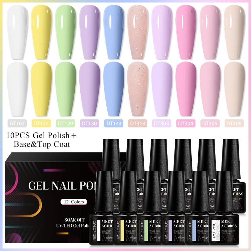 MEET ACROSS 12Pcs/Set 7ml Macaron Gel Nail Polish With Box Semi Permanent UV Gel  Soak Off Nail Art Kit Varnish For Manicure