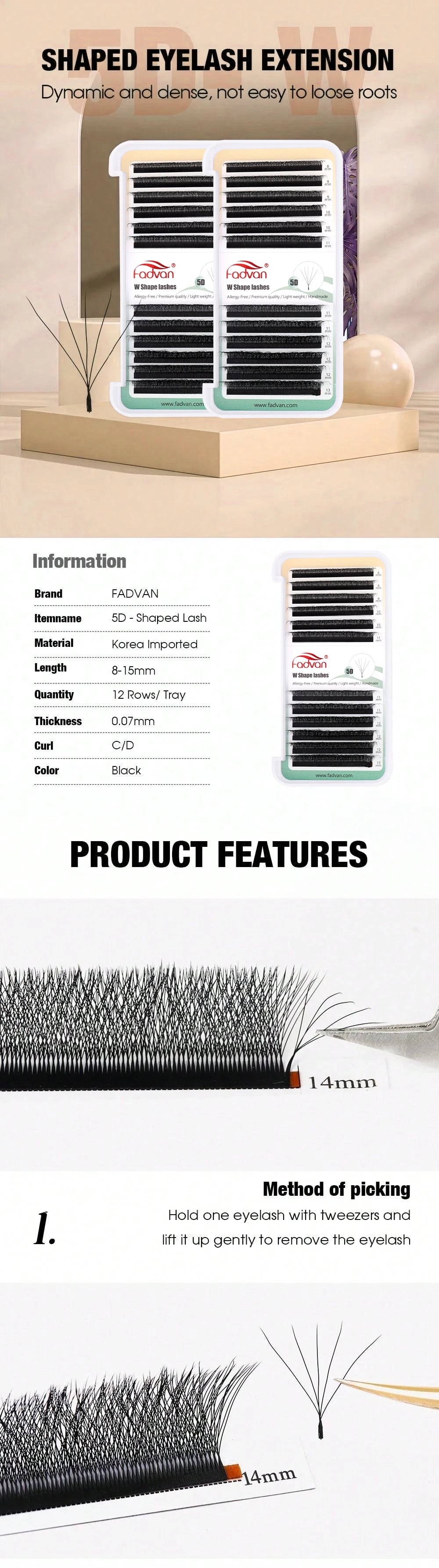 Fadvan 5D W Shaped Eyelash Extensions 0.07 D Natural Faux Mink Lashes Soft Professional Premade Volume Fan Eyelashes