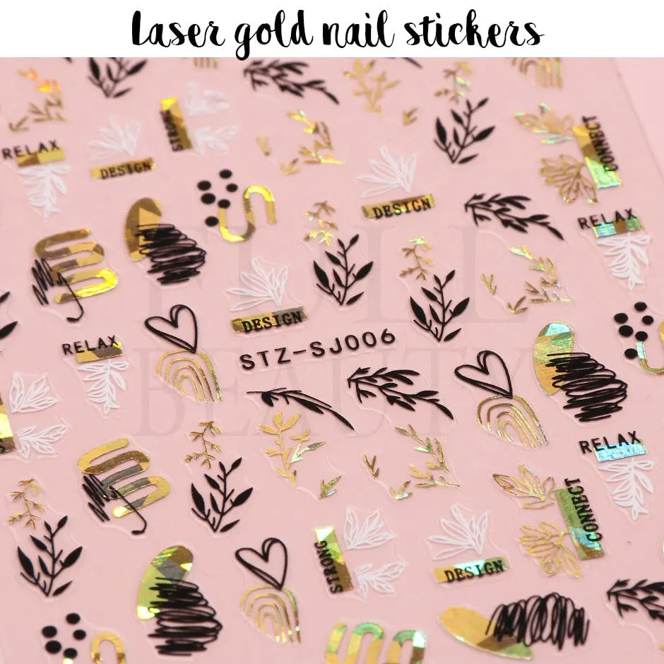 Abstract Geometry Stickers For Nail 3D Laser Gold Black Leaves Heart Line Adhesive Sliders Decor Holographic Decal