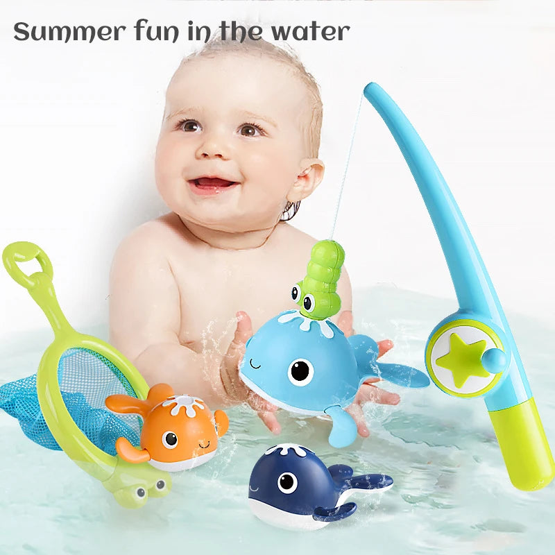 Baby Bath Fishing Toys Magnet Whales Bathtub Toy Fishing Games Kids Bathtub Floating Water Toys Fishing Pole Net Toys Set Gift