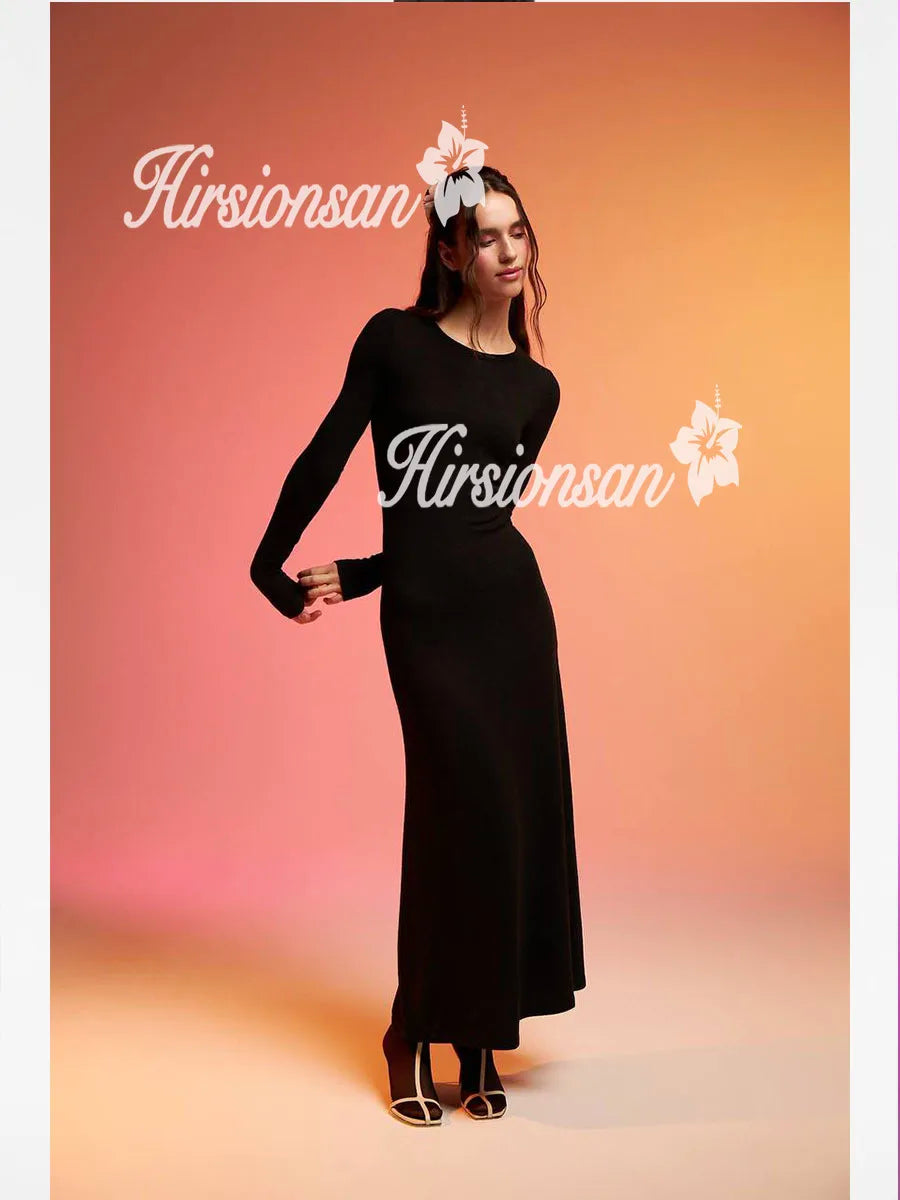 Hirsionsan Spring Autumn O-Neck Elastic Knit Long Dresses Women 2024 Elegant Chic Soft Lady Hollowing Sweater Dresses Femme New